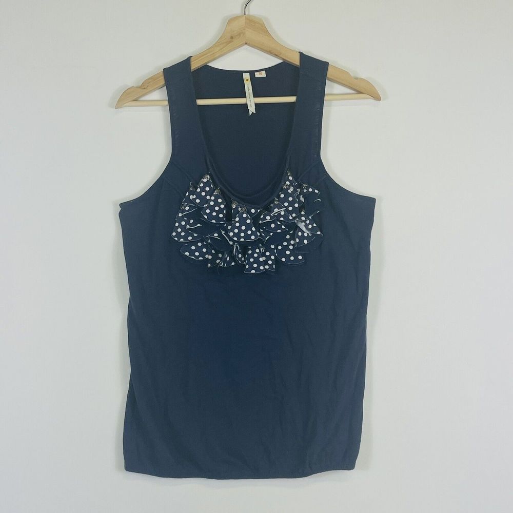 Little Yellow‎ Button Tank Top Women Medium Blue Polka Dot Ruffle Nautical Boho